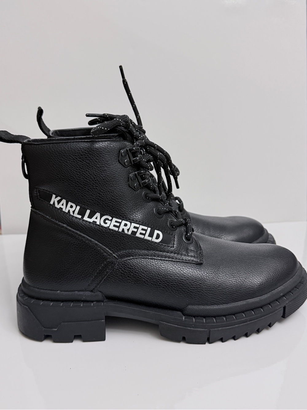 Karl Lagerfeld Paris Black Leather Combat Lug Sole Boots Size 8